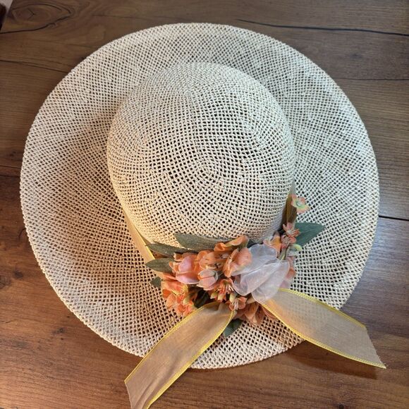 VTG Cappelli Florida Woven Straw Sun Hat Floral Ribbon Classic Cottage - Picture 1 of 11